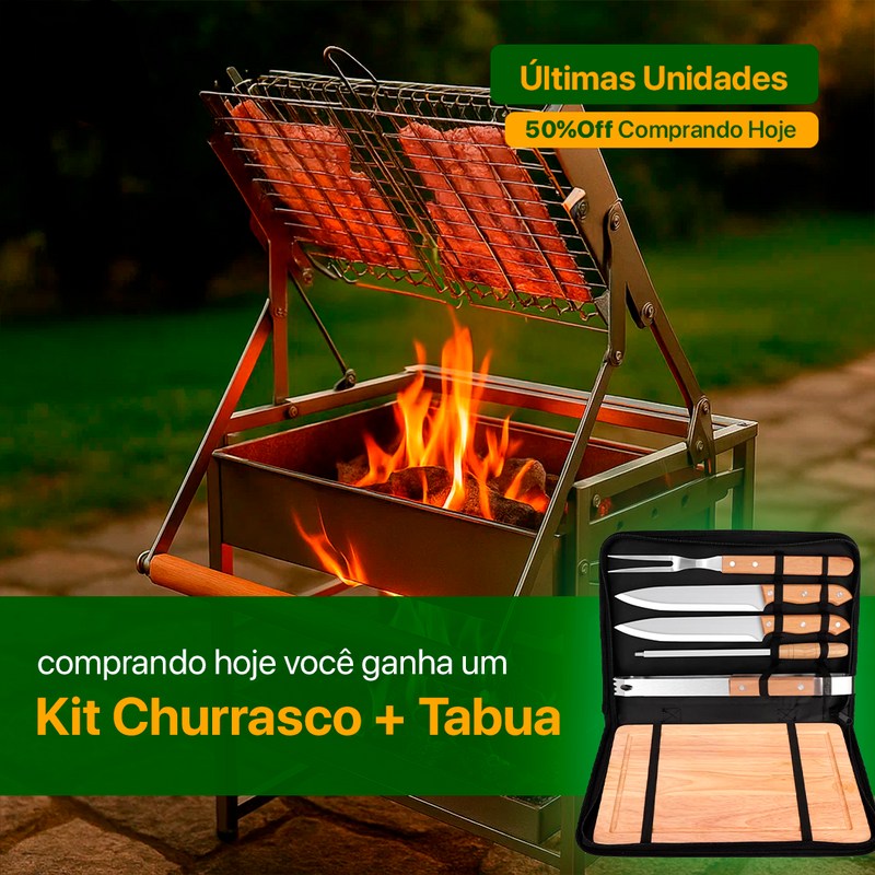 Churrasqueira com Grelha Giratória 360° + Kit Churrasco com Tabua | Queima de Estoque